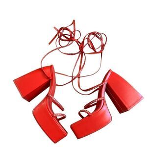 Dolls Kill Public Desire Women's Red Lace Up Rhinestone Platform Heels Size 7